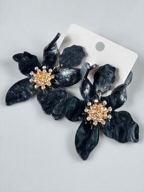 Zara Marbled Black Floral Drop Earrings with Gold Crystal Center